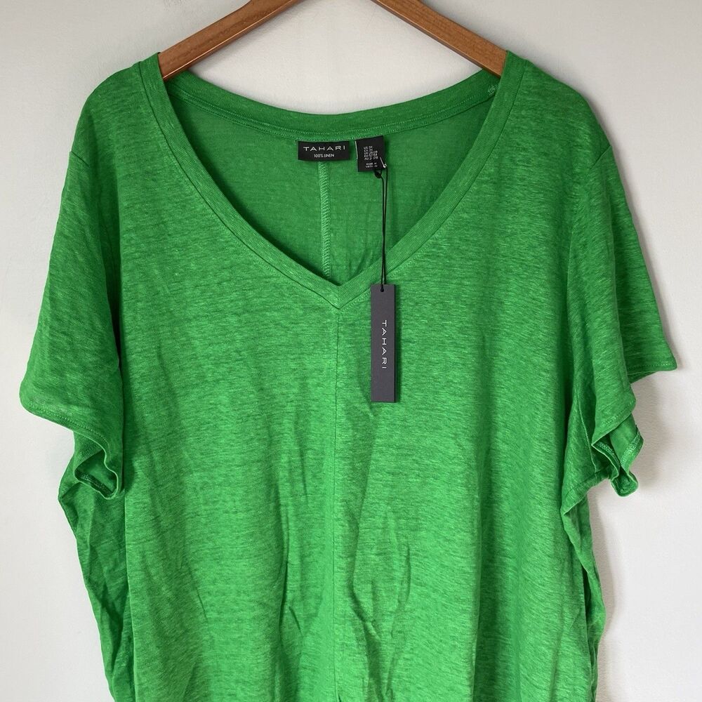 Tahari 100% Linen Blouse Top V Neck Short Sleeve Green Women's Size 3X - Picture 7 of 11